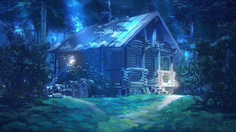Log Cabin in Forest — Blue, Serene, Night, Digital Art, Path