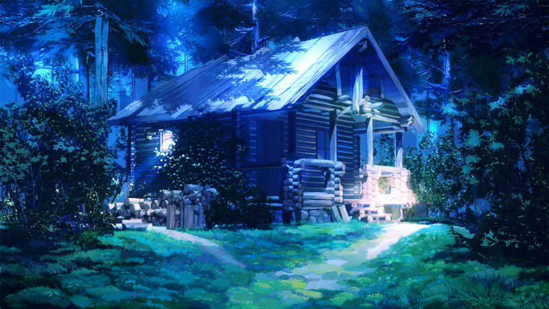 Log Cabin in Forest — Blue, Serene, Night, Digital Art