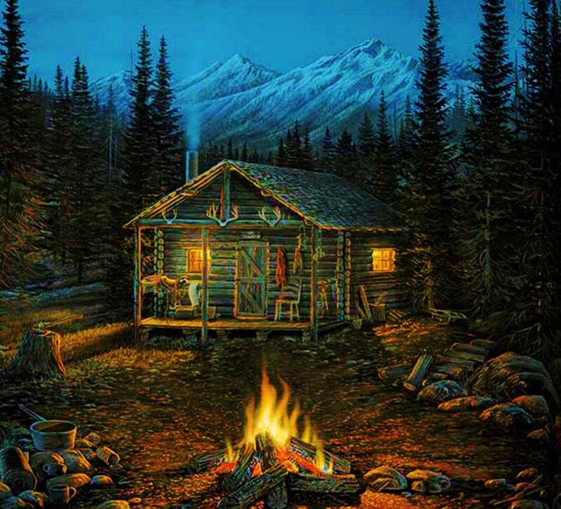 Log Cabin in Forest — Blue, Serene, Night