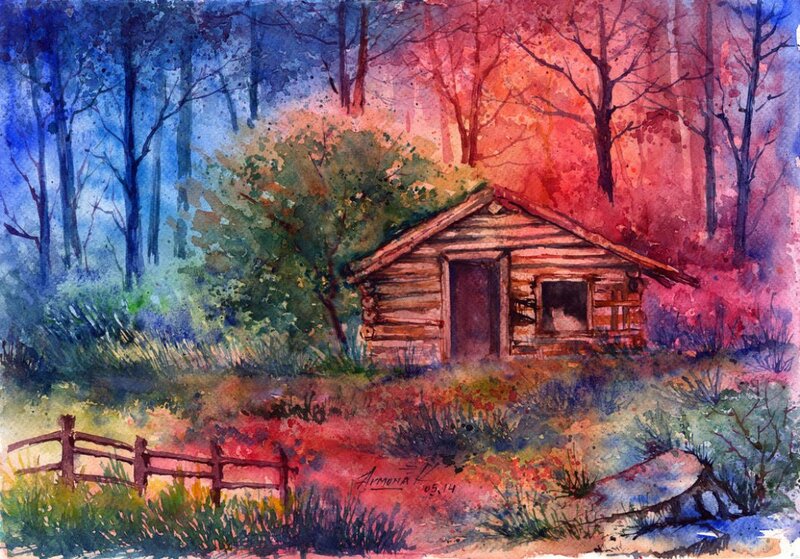 Log Cabin in Forest — Blue, Serene