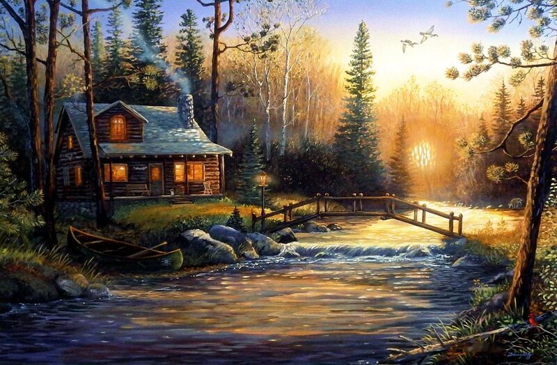 Log Cabin in Forest — Brown, Serene, Sunset, Painting