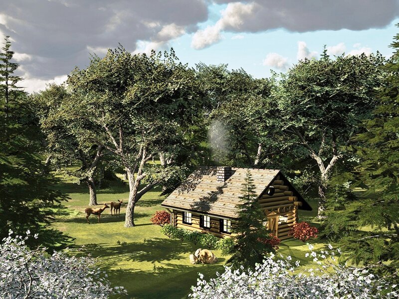 Log Cabin in Forest — Green, Serene, Afternoon, 3d Render