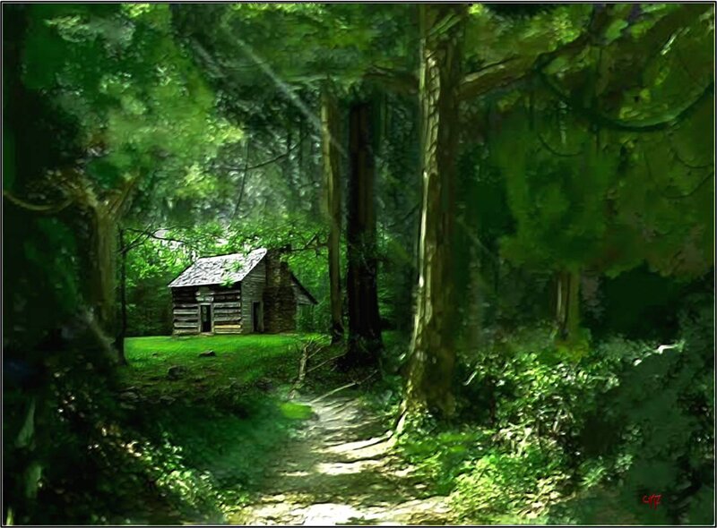 Log Cabin in Forest — Green, Serene, Afternoon, Digital Art, Path