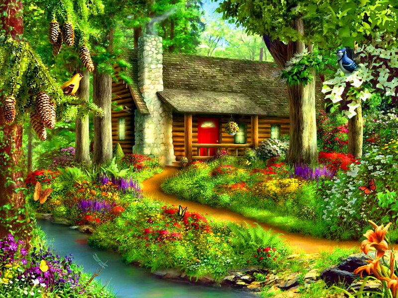 Log Cabin in Forest — Green, Serene, Afternoon, Digital Art