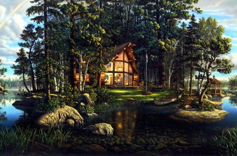 Log Cabin in Forest — Green, Serene, Afternoon, Painting, Lake