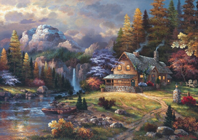 Log Cabin in Forest — Green, Serene, Afternoon, Painting, Mountain, River
