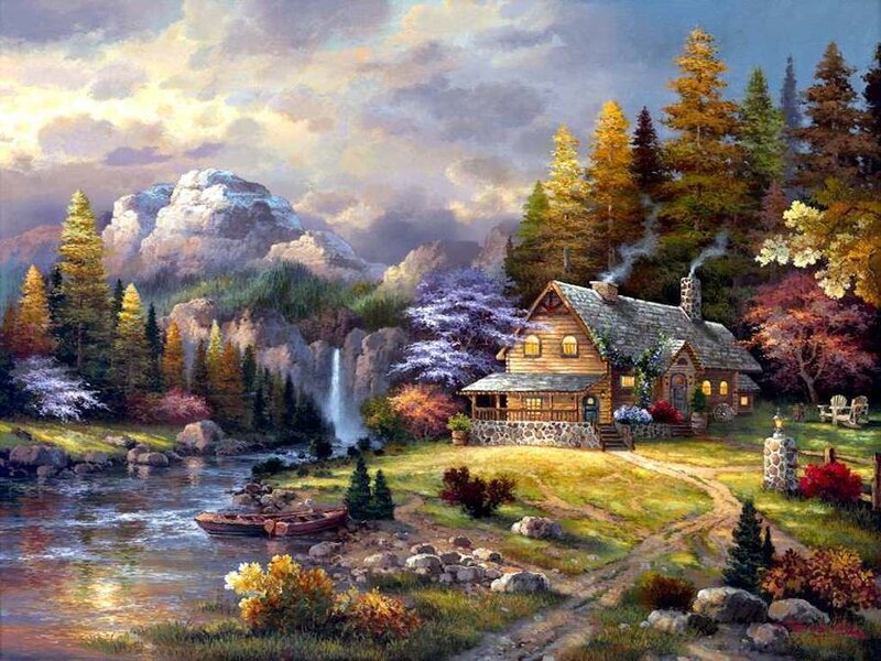 Log Cabin in Forest — Green, Serene, Afternoon, Painting, Mountain
