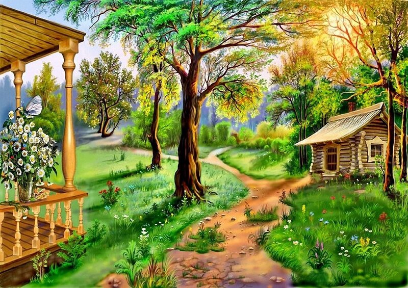 Log Cabin in Forest — Green, Serene, Afternoon, Painting, Path