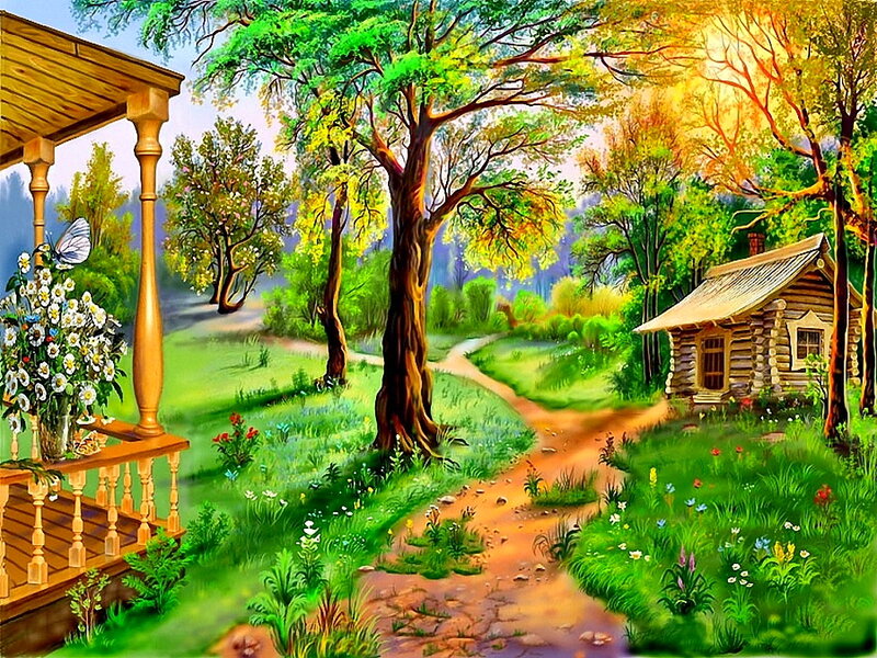 Log Cabin in Forest — Green, Serene, Afternoon, Painting, Path, Trees