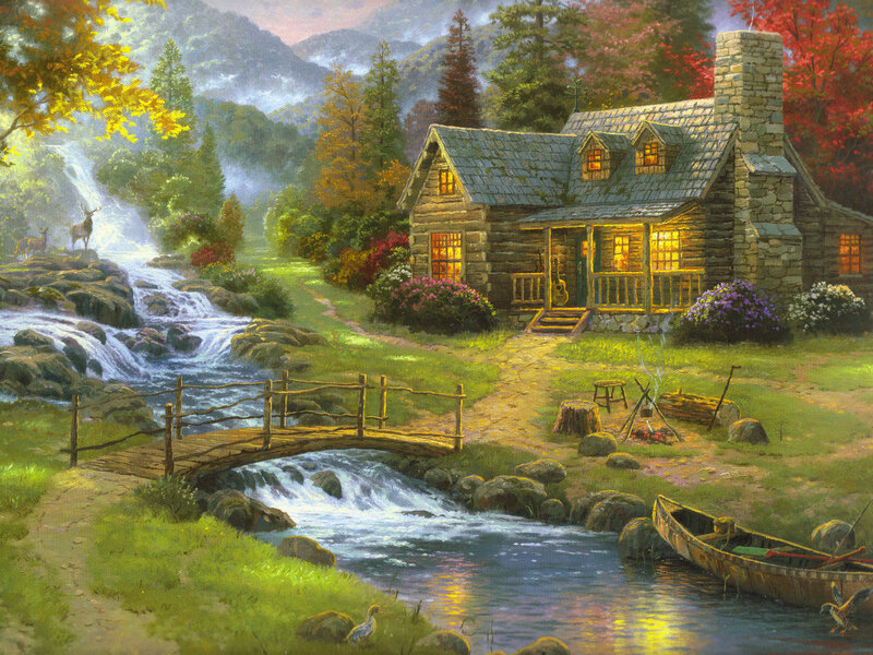 Log Cabin in Forest — Green, Serene, Afternoon, Painting, River, Bridge, Canoe