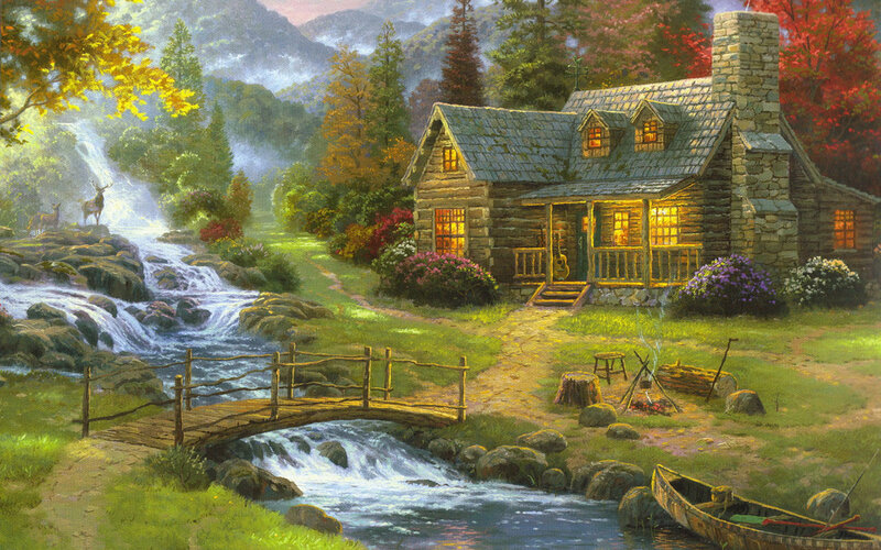 Log Cabin in Forest — Green, Serene, Afternoon, Painting, River, Bridge
