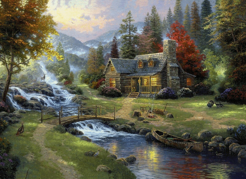 Log Cabin in Forest — Green, Serene, Autumn, Painting, River, Bridge