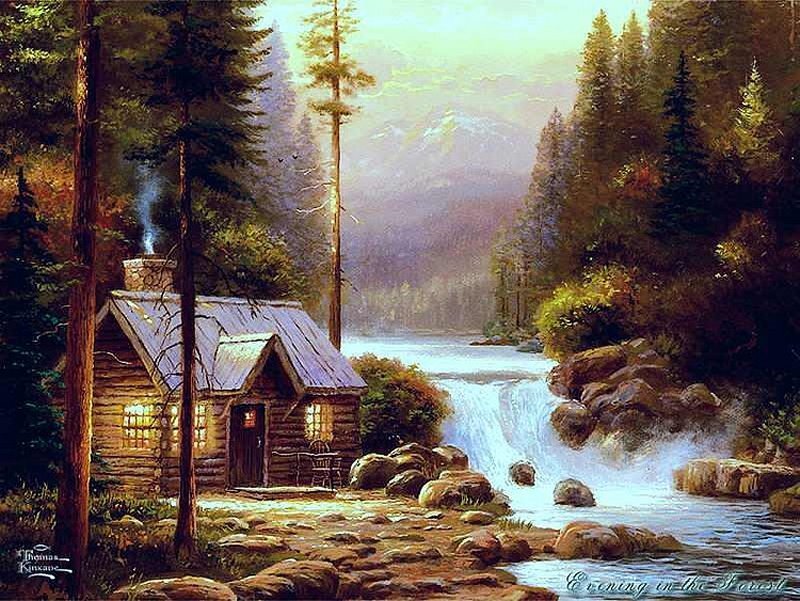 Log Cabin in Forest — Green, Serene, Evening