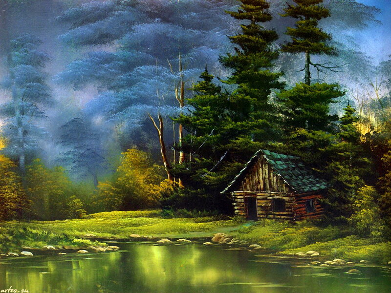 Log Cabin in Forest — Green, Serene, Morning, Painting, River
