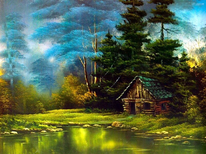 Log Cabin in Forest — Green, Serene, Morning, Painting, River, Trees