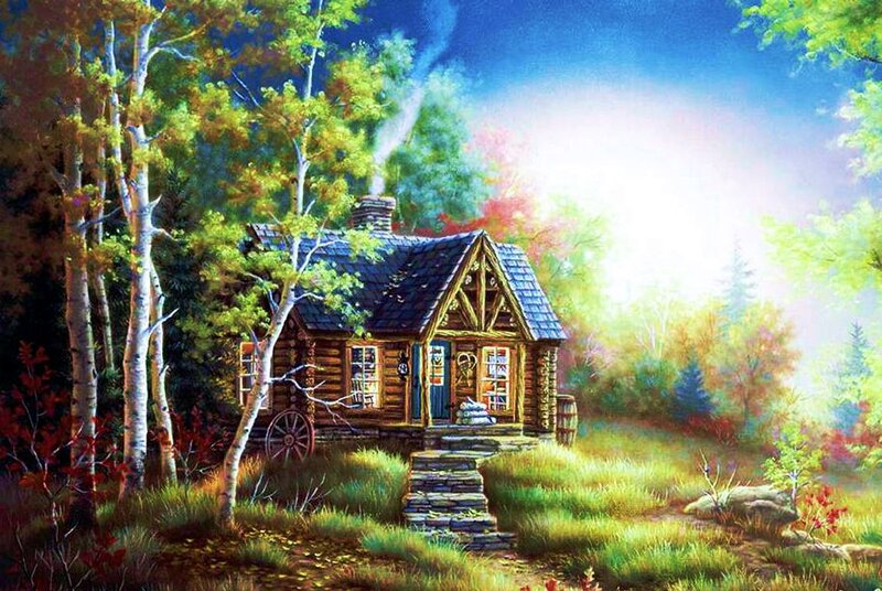 Log Cabin in Forest — Green, Serene, Morning, Painting, Trees, Smoke