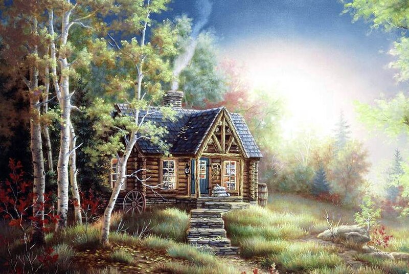 Log Cabin in Forest — Green, Serene, Morning, Painting, Trees