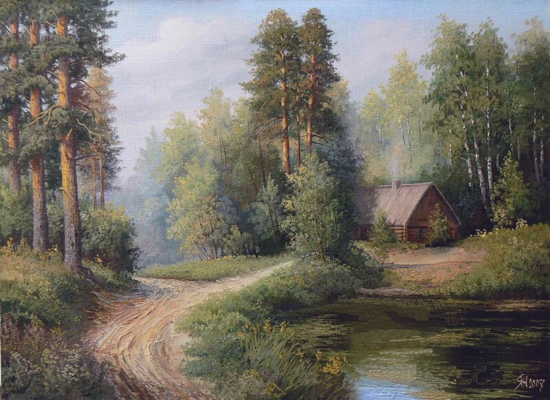 Log Cabin in Forest — Green, Serene, Morning