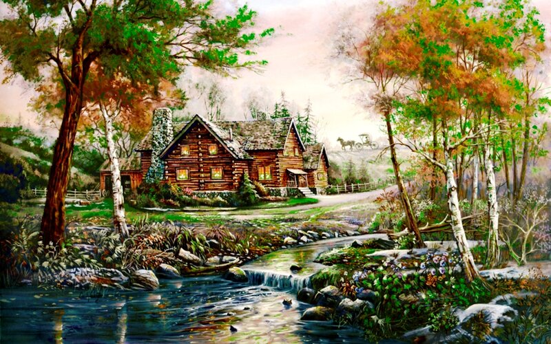 Log Cabin in Forest — Green, Serene, Spring, Painting, Stream