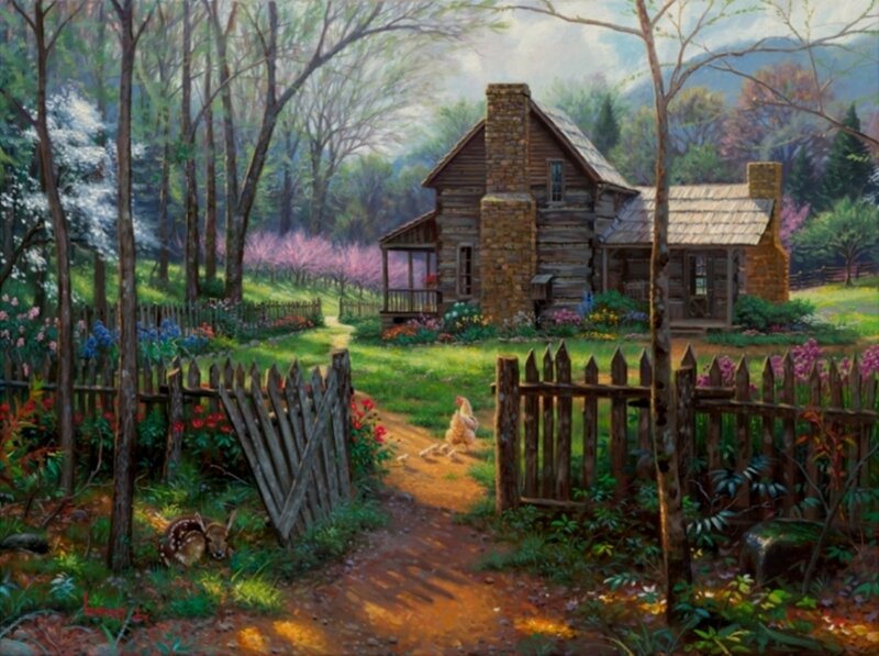 Log Cabin in Forest — Green, Serene, Spring, Painting