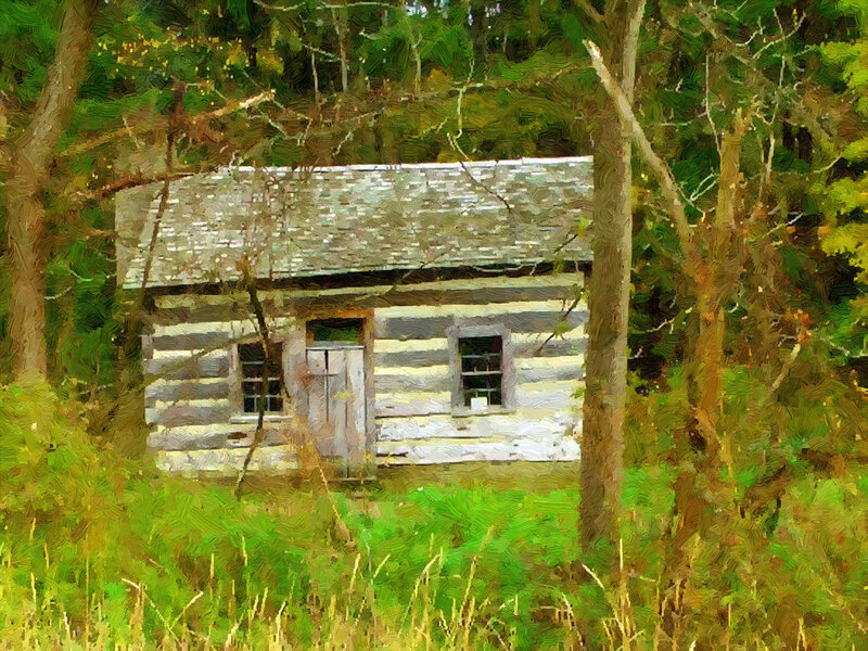 Log Cabin in Forest — Green, Serene, Summer, Painting