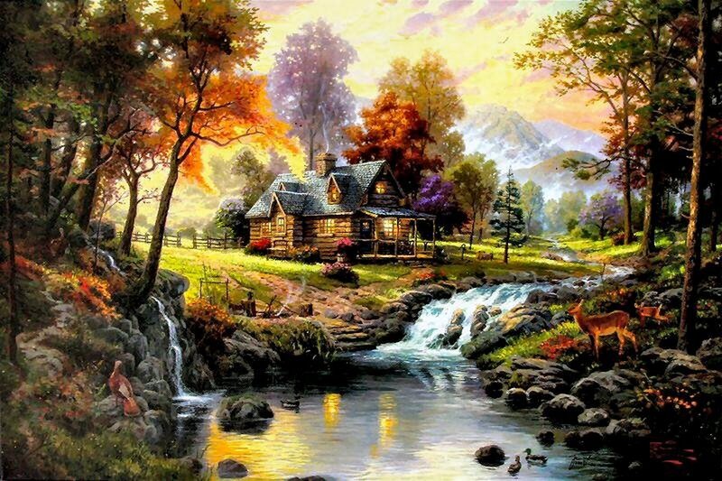Log Cabin in Forest — Green, Serene, Sunset, Painting, Deer