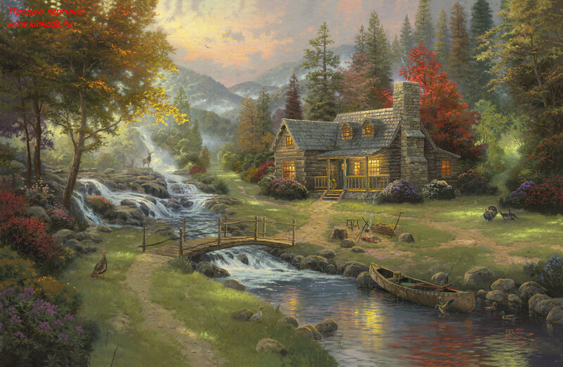 Log Cabin in Forest — Green, Serene, Sunset, Painting, River, Boat