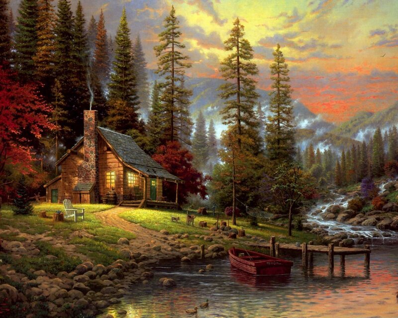 Log Cabin in Forest — Green, Serene, Sunset, Painting, River