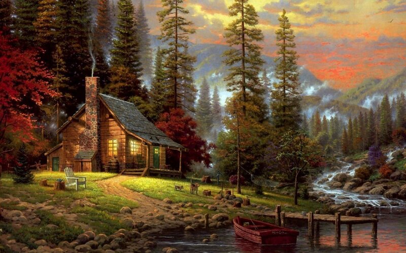 Log Cabin in Forest — Green, Serene, Sunset, Painting, River, Trees, Boat, Brown