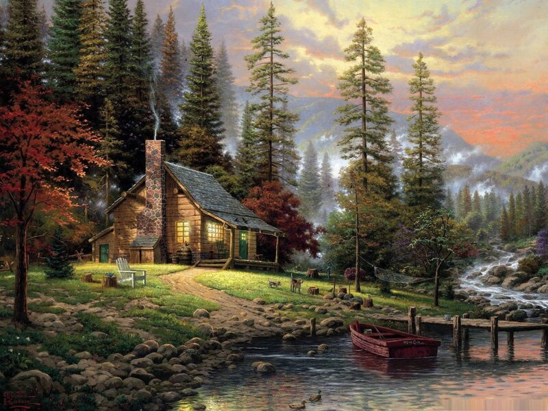 Log Cabin in Forest — Green, Serene, Sunset, Painting, River, Trees, Boat