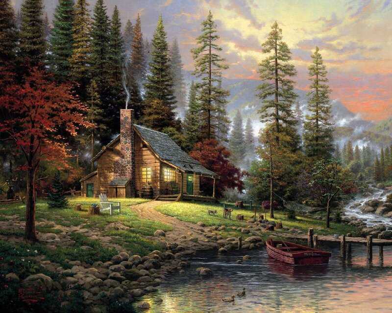 Log Cabin in Forest — Green, Serene, Sunset, Painting, River, Trees