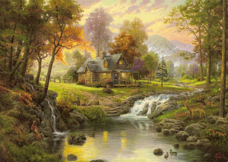 Log Cabin in Forest — Green, Serene, Sunset, Painting