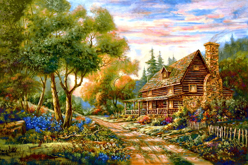 Log Cabin in Forest — Green, Serene, Sunset, Painting, Trees