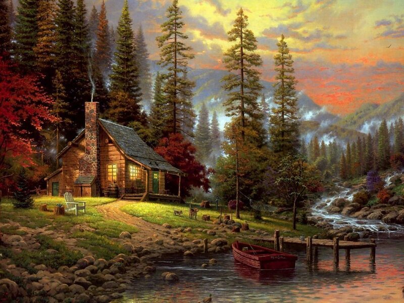 Log Cabin in Forest — Green, Serene, Sunset