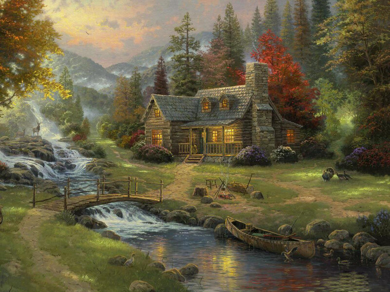 Log Cabin in Forest — Green, Serene