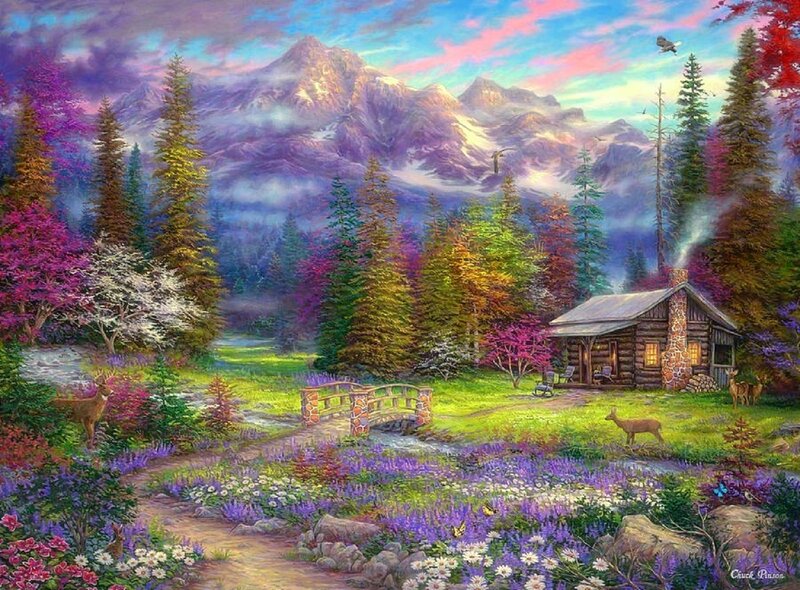 Log Cabin in Forest — Purple, Serene