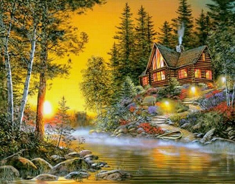 Log Cabin in Forest — Yellow, Serene