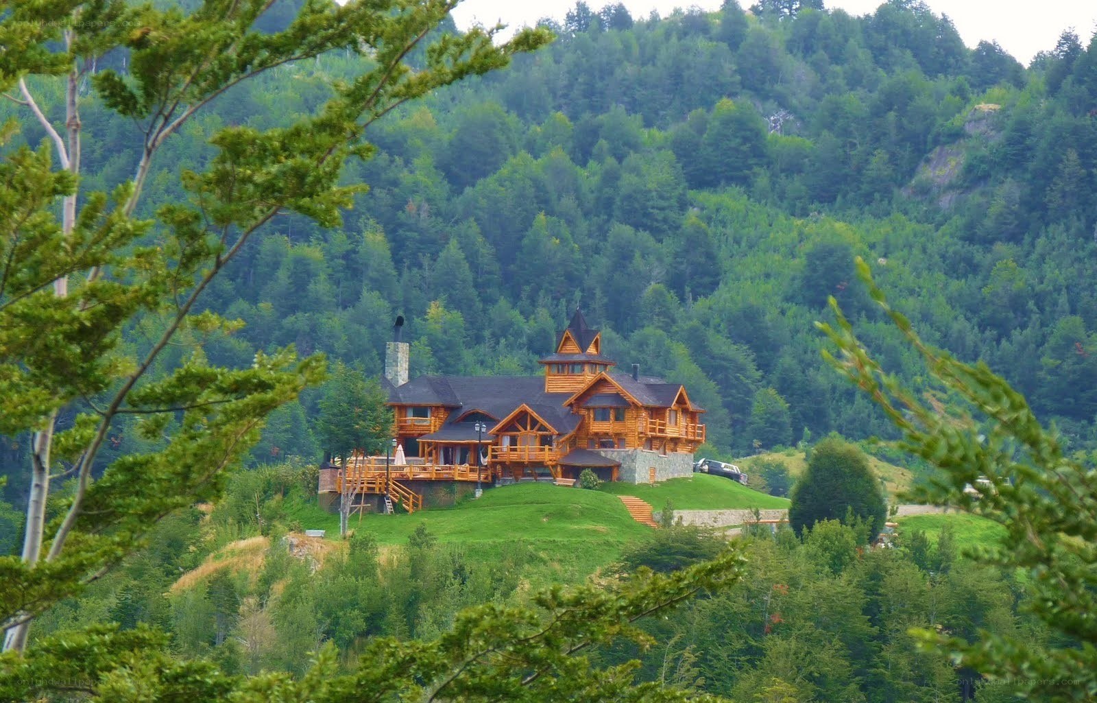 log cabin in forested hills