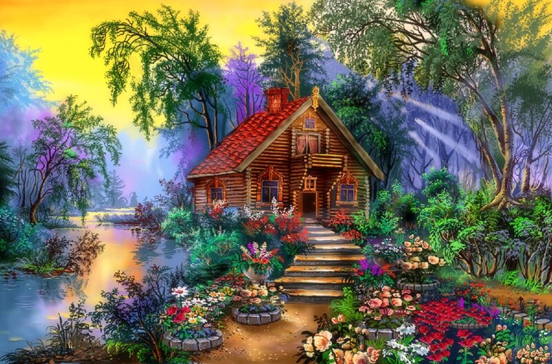 Log Cabin in Garden — Yellow, Serene