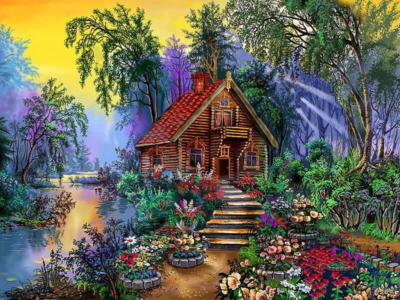Log Cabin in Garden — Yellow
