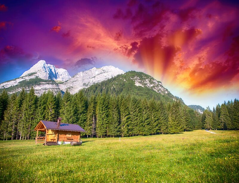 Log Cabin in Meadow — Green