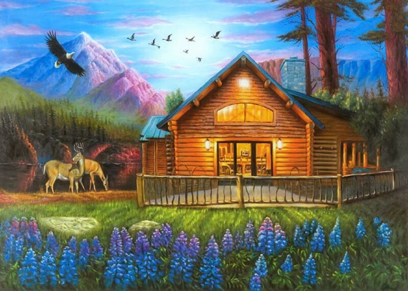 Log Cabin in Mountains — Blue, Serene, Sunset