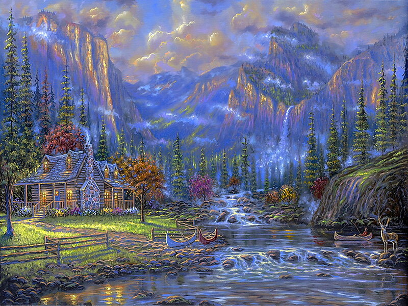 Log Cabin in Mountains — Blue, Serene