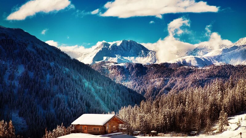 Log Cabin in Mountains — Blue, Serene, Winter