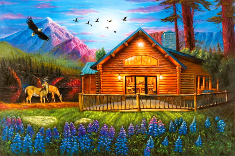 Log Cabin in Mountains — Blue