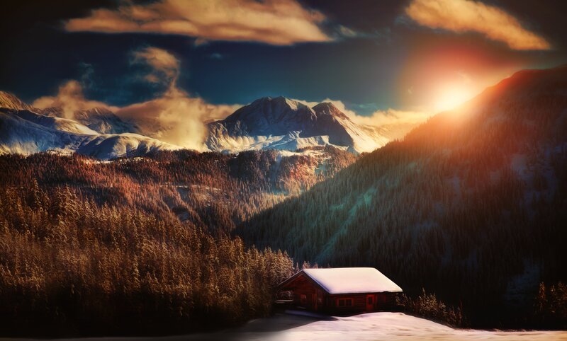 Log Cabin in Mountains — Brown, Dramatic