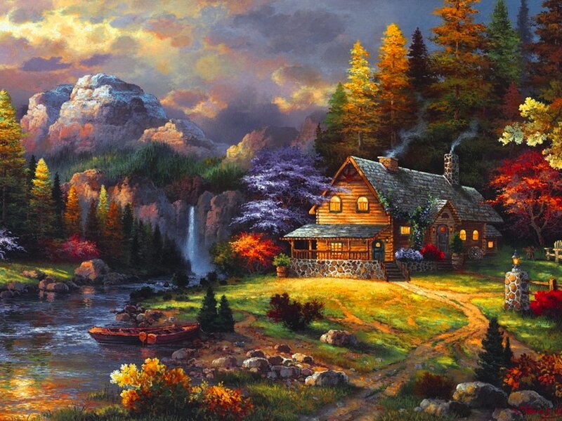 Log Cabin in Mountains — Green, Serene, Autumn