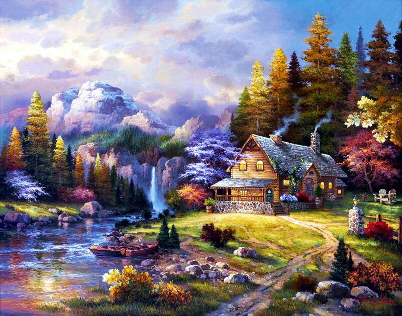 Log Cabin in Mountains — Green, Serene