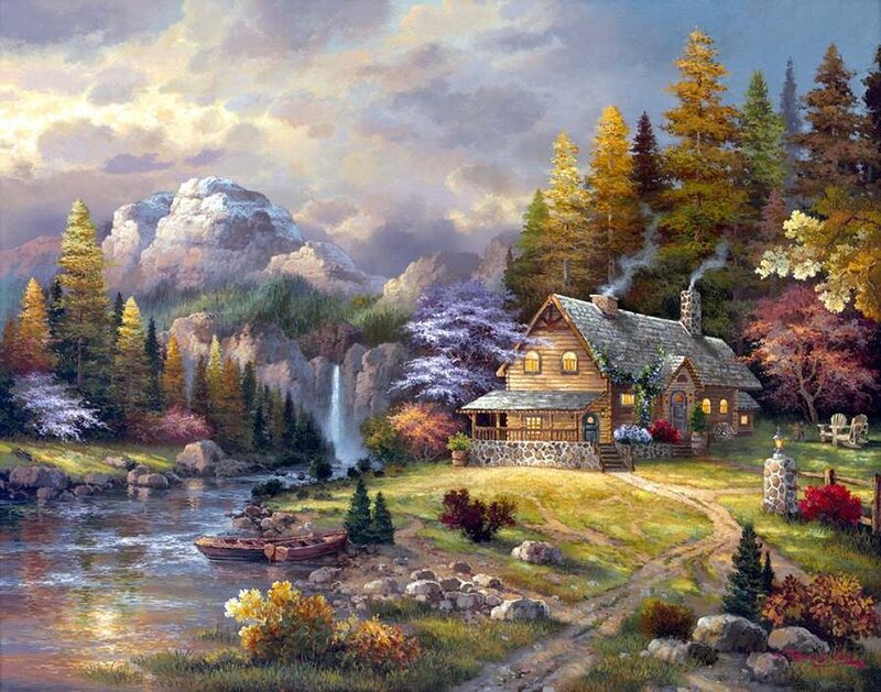Log Cabin in Mountains — Green
