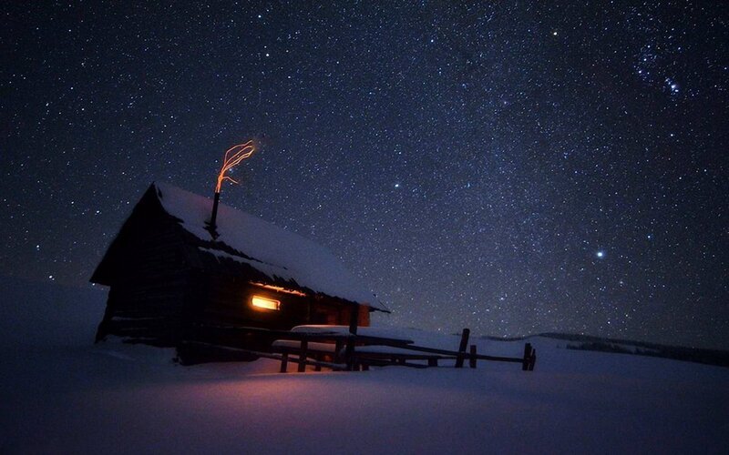 Log Cabin in Snow — Black, Serene, Night, Photograph